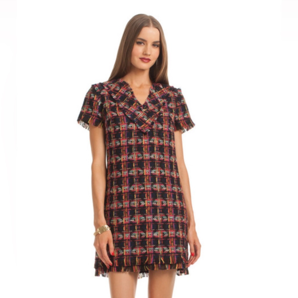 ✨TRINA TURK Leann Tweed Mini Dress Multicolor Short Sleeve Fringe Size 6